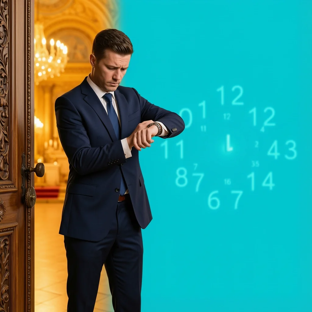 Guest checking watch while peeking through door at wedding ceremony