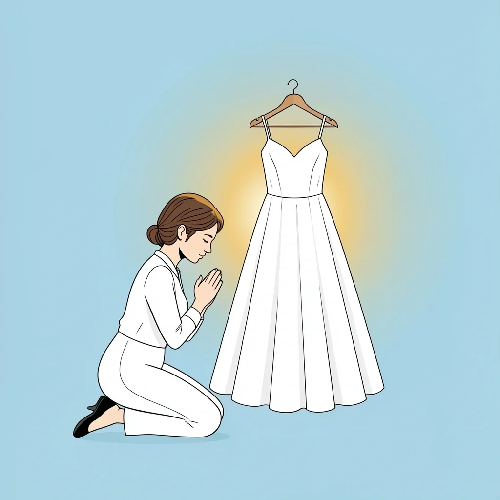Woman kneeling in prayer beside a wedding dress symbolizing sacred maid of honor role