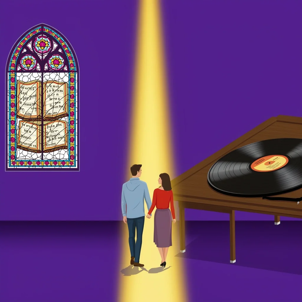 A church interior with a stained glass window on one side and a dance floor with a record on the other, representing the tension between sacred and secular wedding music.