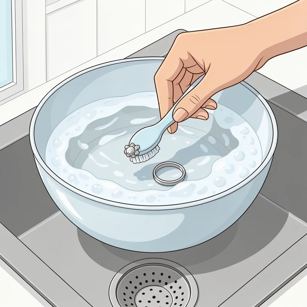 Hand scrubbing wedding ring with soft toothbrush in soapy water over a sink strainer.