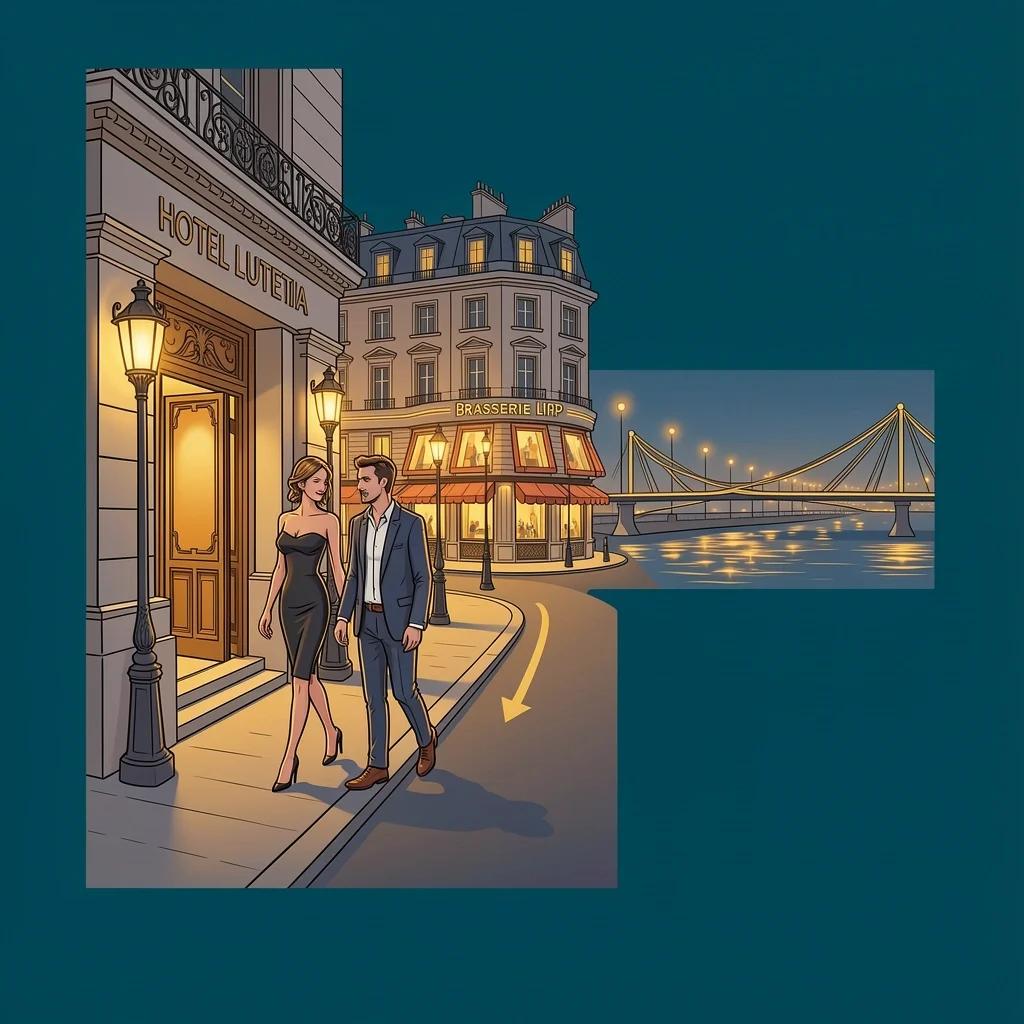 Romantic Splurge in Saint-Germain Alegria style illustration of a couple leaving a luxury hotel for a romantic dinner and walk along the Seine in Saint-Germain-des-Prés.