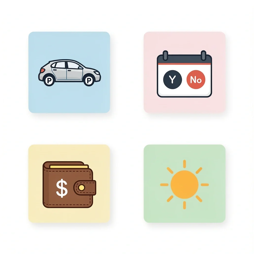 Date Night Logistics Icons Icons representing date logistics: parking difficulty, reservation needs, cost range, and best season