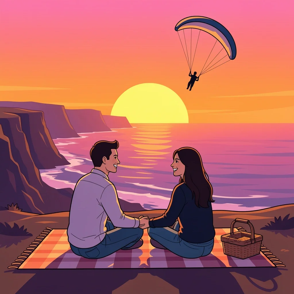 Couple enjoying a romantic sunset date night at Sunset Cliffs in San Diego with a picnic and paraglider in the background