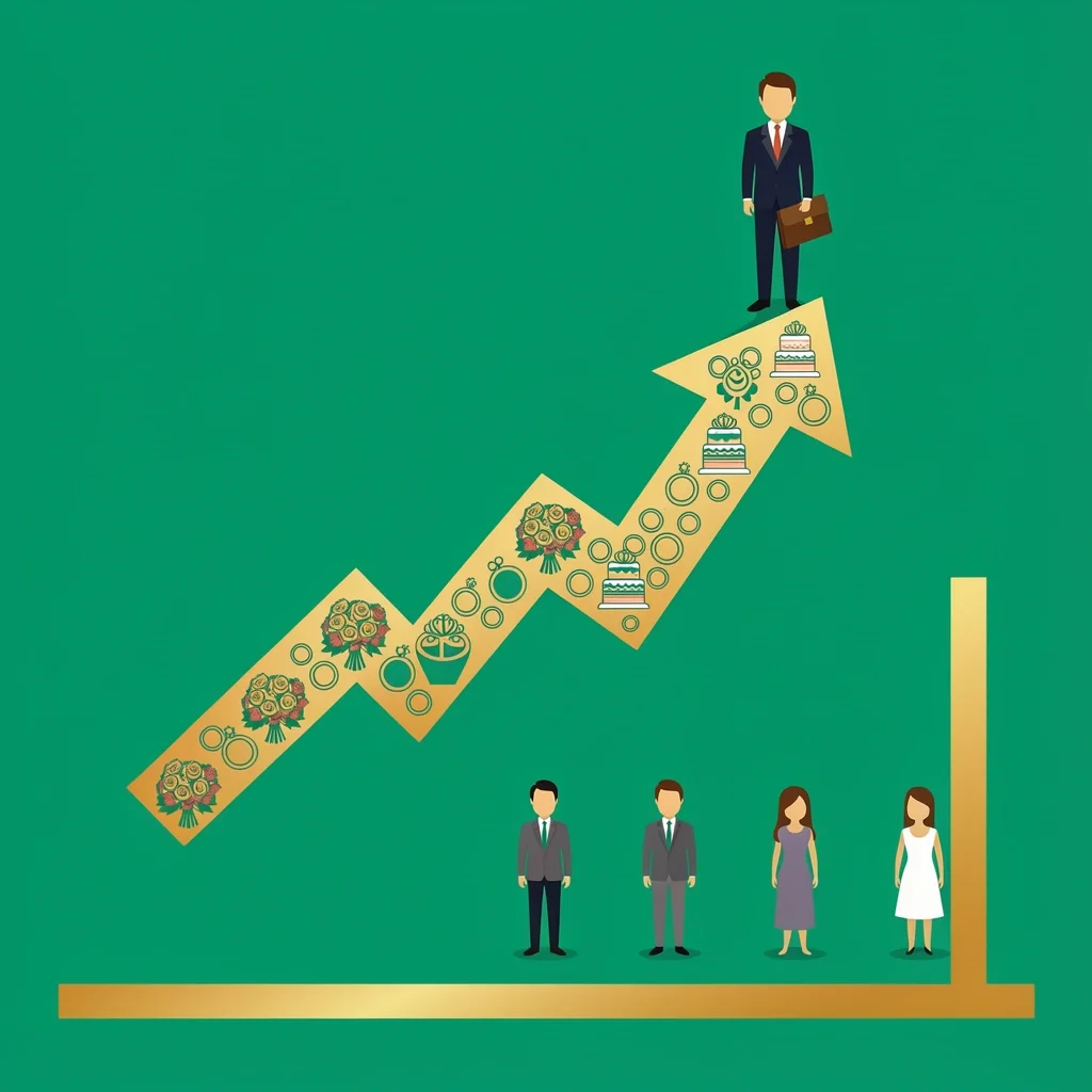 An upward graph made of wedding icons leading to a figure at the top with a portfolio, symbolizing scaling from first client to full-time planner.