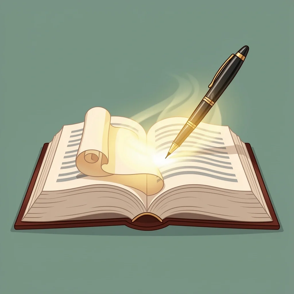 An open Bible with a glowing pen writing on a scroll coming from the pages