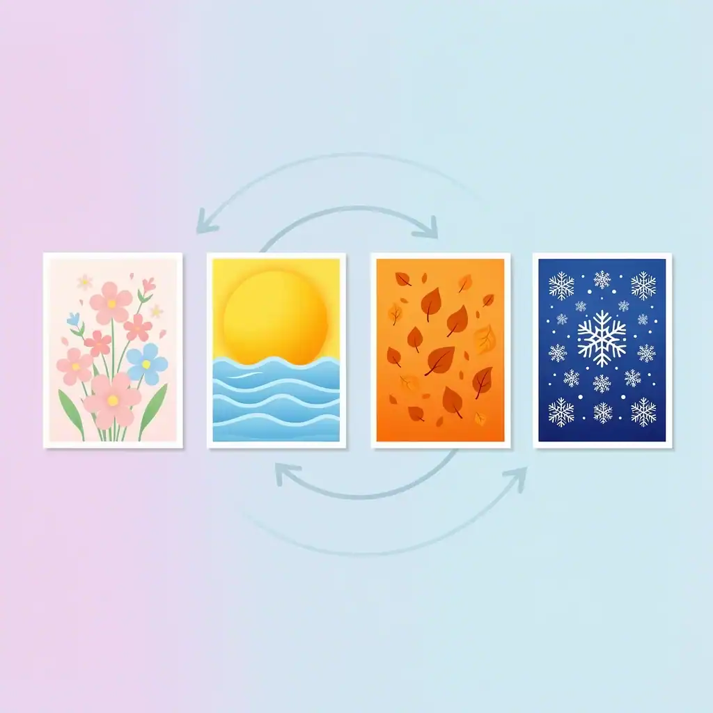 Four Seasonal Card Collection Collection of four seasonal greeting cards representing spring, summer, autumn, and winter arranged in a row with a cycle arrow
