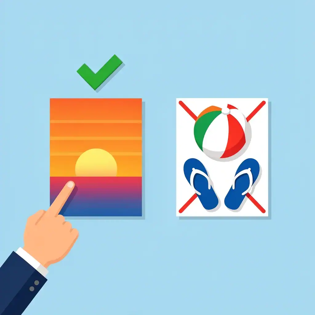 Seasonal Card Etiquette Visual Side-by-side comparison of a professional sunset card with checkmark and a playful beach card with X for proper etiquette