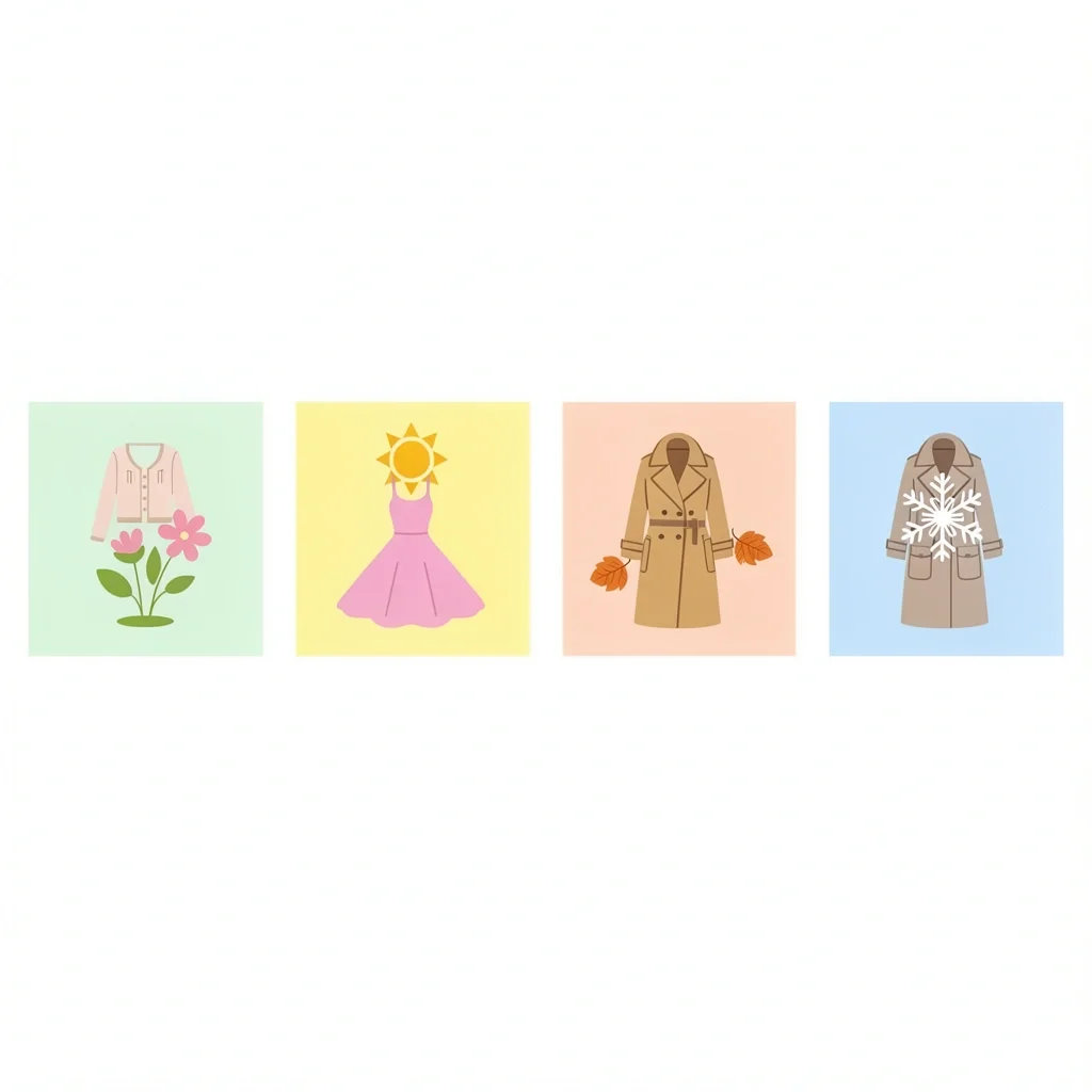 Four seasonal icons with clothing items for spring, summer, fall, and winter courthouse wedding guest attire