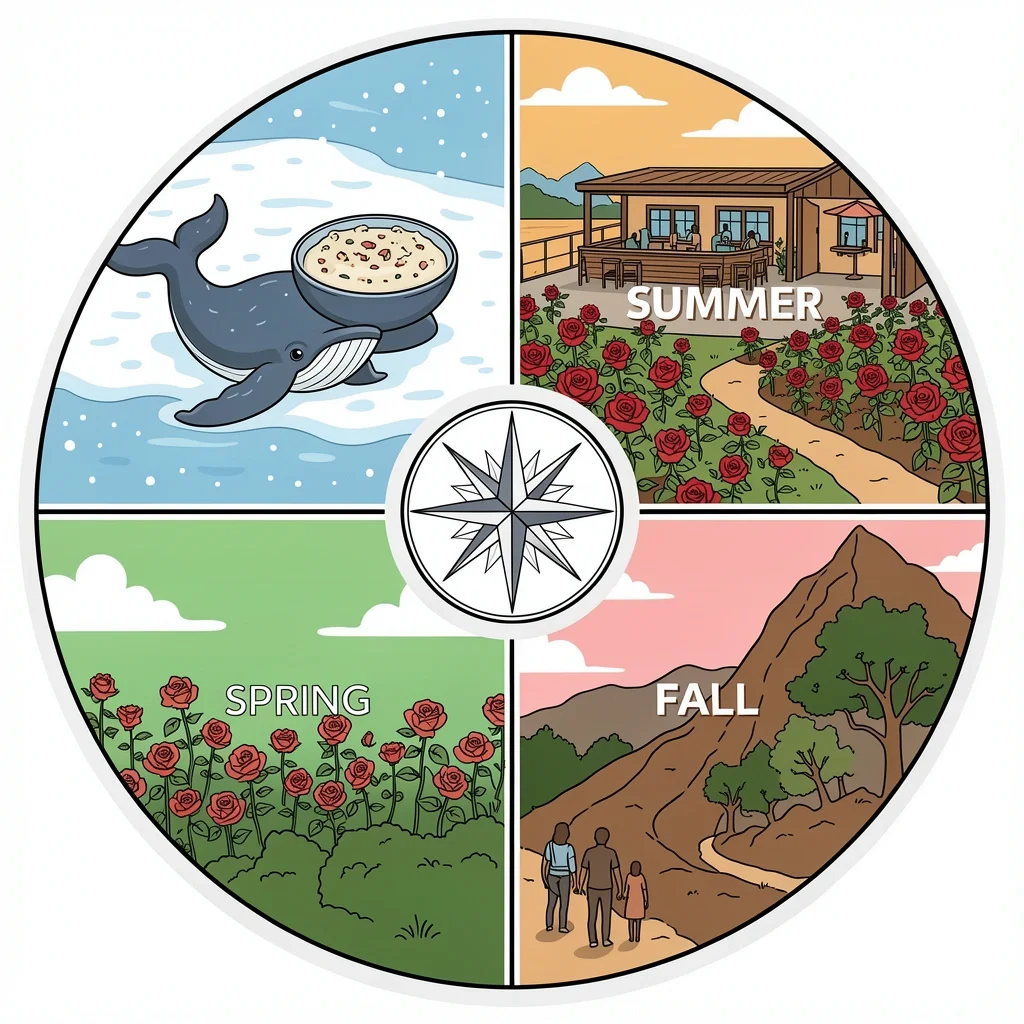 San Diego Seasonal Date Calendar Four-season calendar of San Diego date activities: whale watching in winter, rose garden in spring, rooftop in summer, hiking in fall