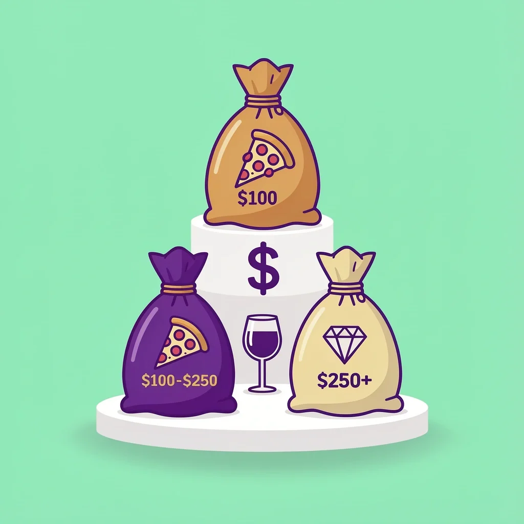 Three money bags with icons representing budget tiers: pizza, wine glass, and diamond