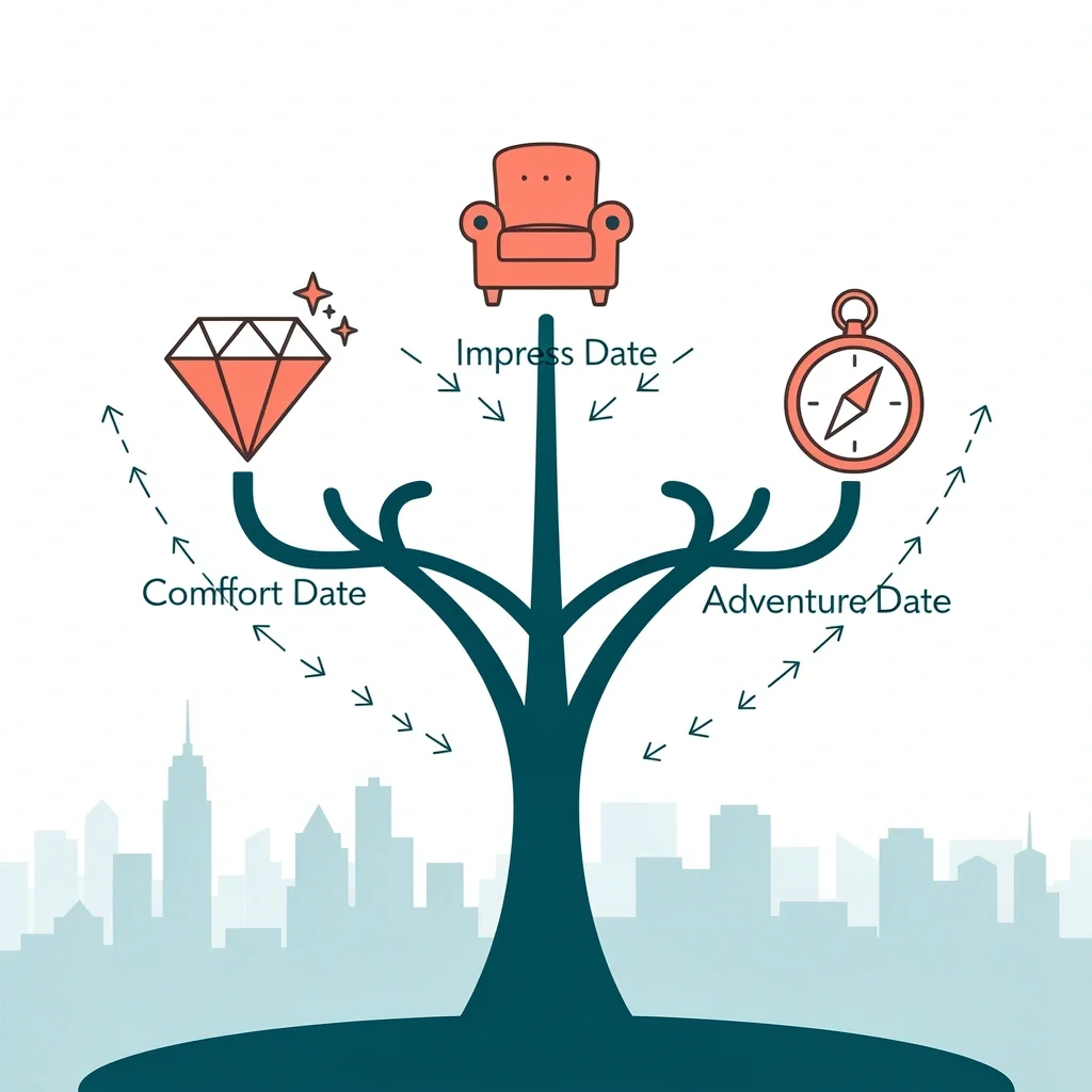 A decision tree with three branches leading to icons representing impress, comfort, and adventure date options