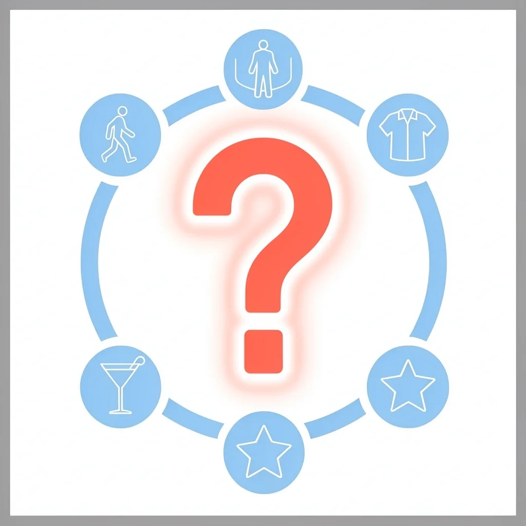 A central question mark surrounded by icons for neighborhoods, dress code, activities, and first dates