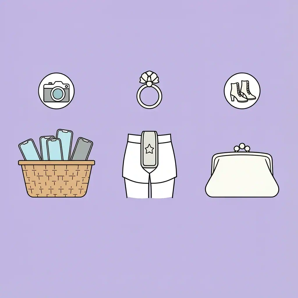 Segment-Specific Phone Storage Vector illustration of three phone storage solutions for different wedding segments: basket, garter holster, and clutch.