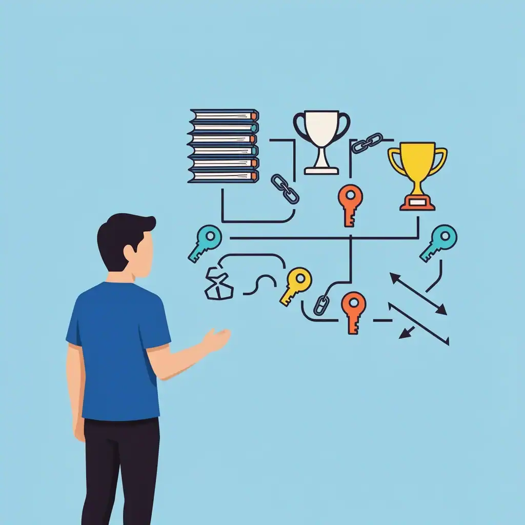 Self-Assessment for Burnout Key Match A faceless person looking at a flowchart with icons for workload, control, reward, community, fairness, and values, each connected to a key, symbolizing self-assessment for burnout prevention