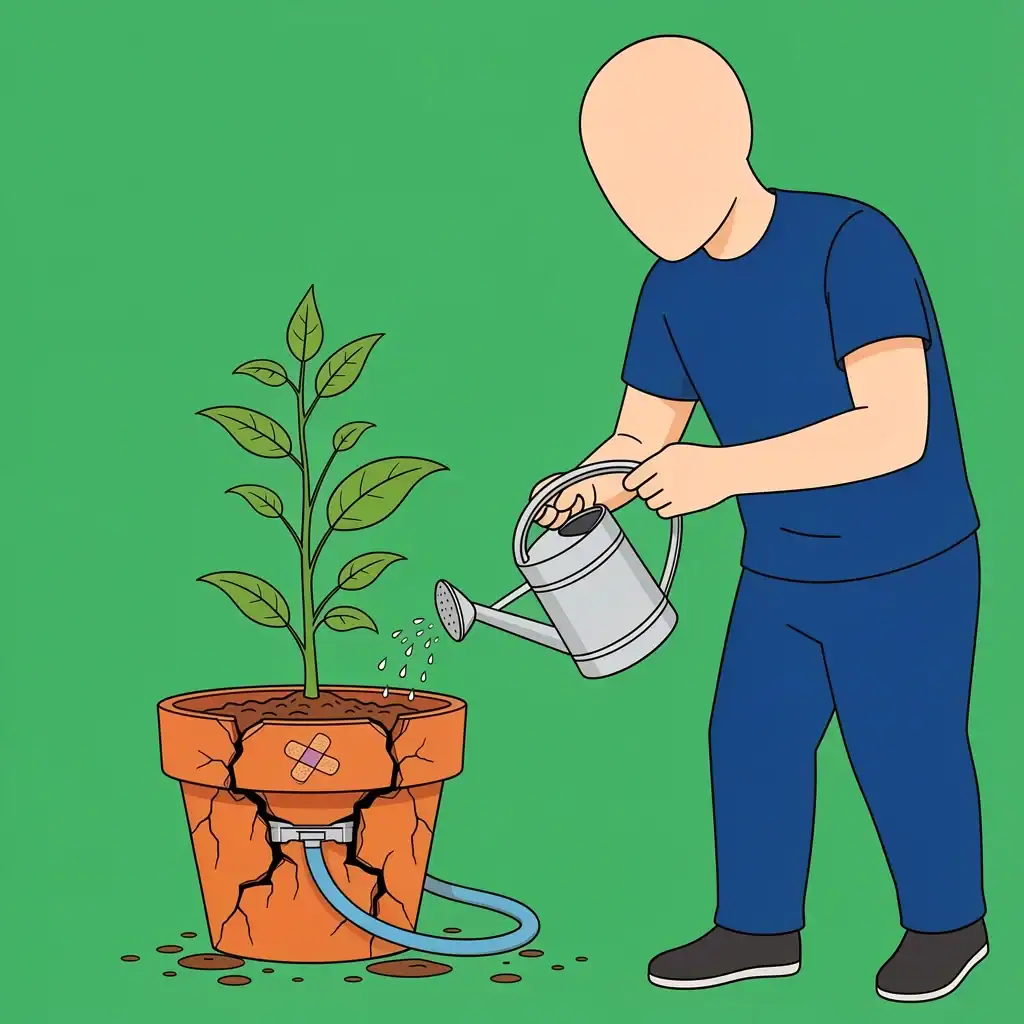 Why Self-Care Alone Fails for Burnout A faceless person watering a plant in a cracked pot with a broken fuel line, symbolizing why self-care alone fails to prevent burnout