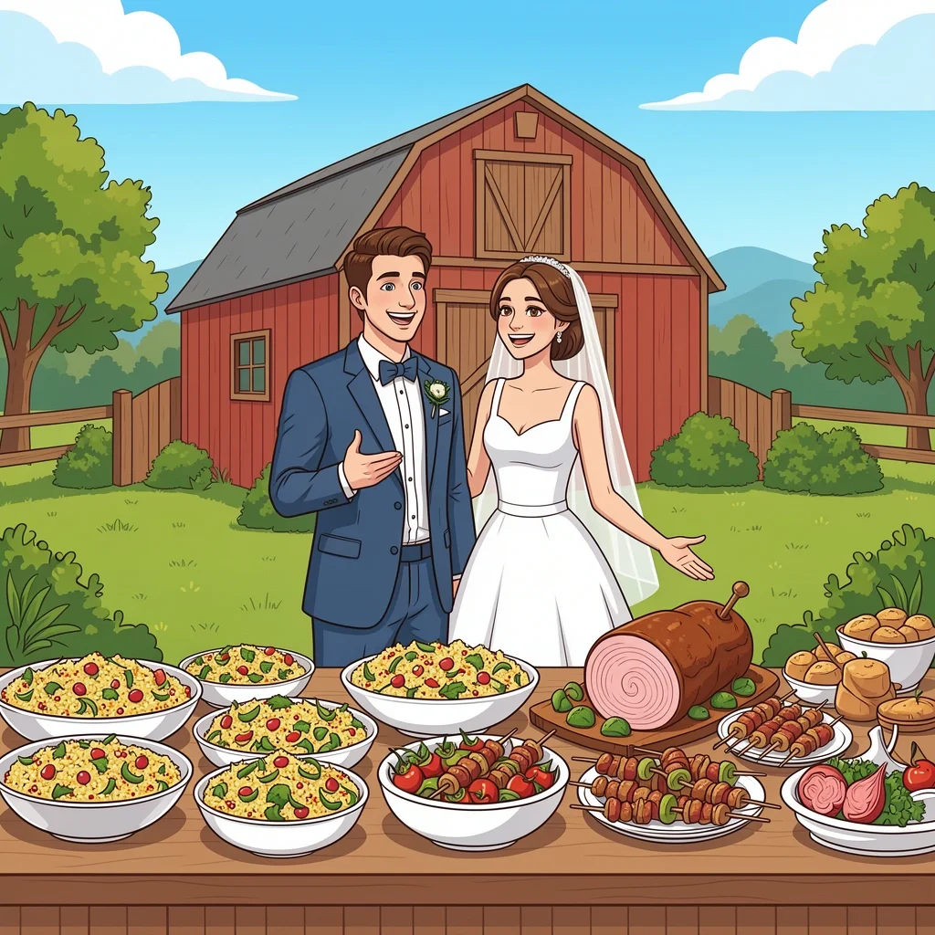Couple proudly presenting a self-catered wedding buffet with salads, skewers, and ham in a backyard barn setting