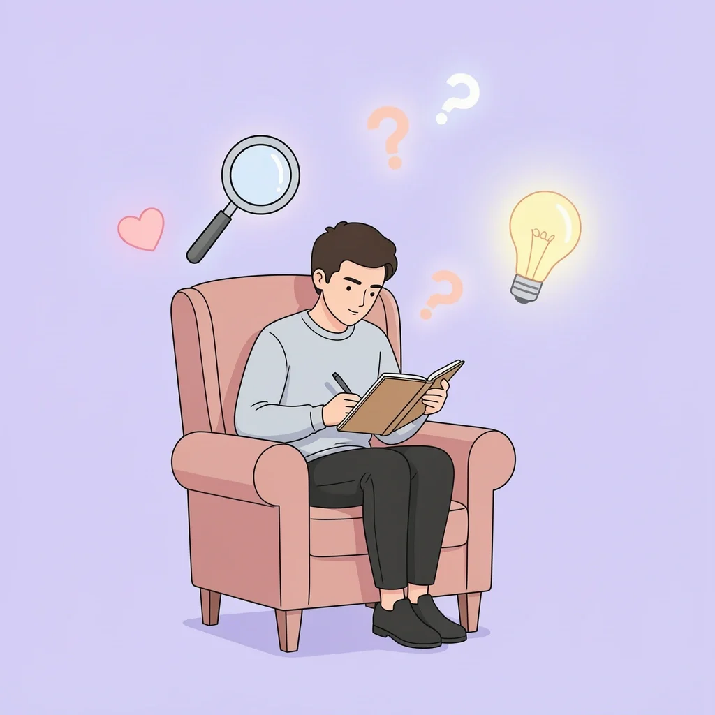 Person reflecting alone with a notebook, surrounded by floating symbols of introspection like a magnifying glass and lightbulb