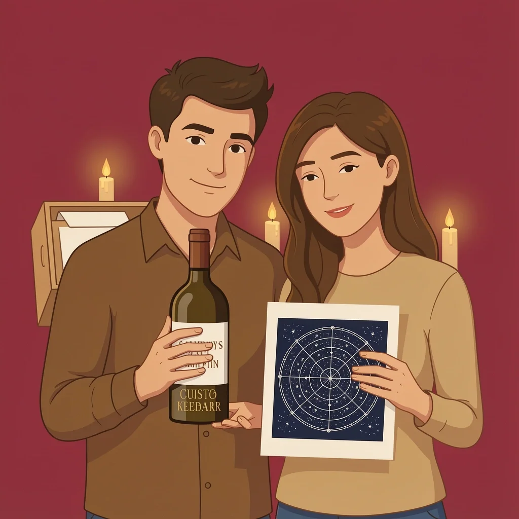 Sentimental Personalized Wedding Gifts Warm vector illustration of a couple with a personalized wine bottle, custom star map, and keepsake box