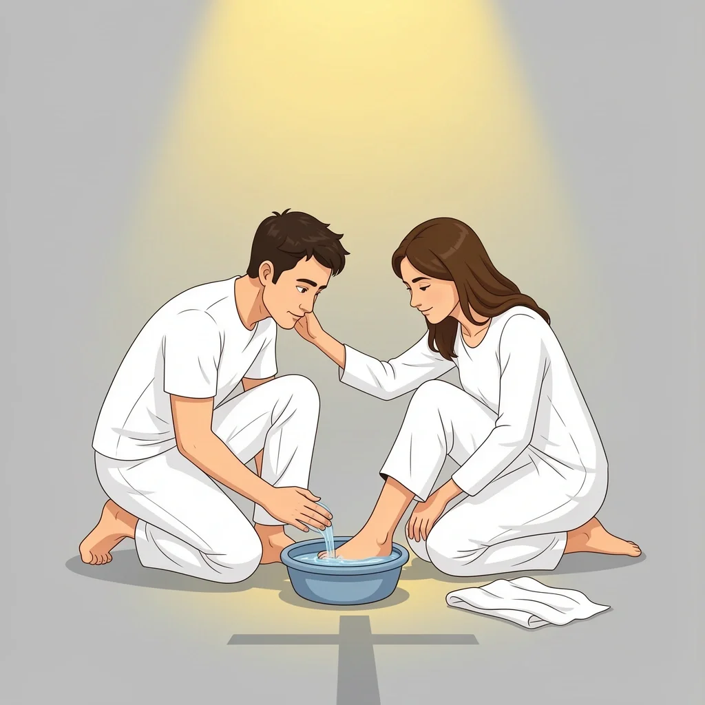 Servant Headship Husband Washing Feet Illustration A husband kneeling and washing his wife's feet with a basin and towel, symbolizing servant leadership and mutual submission in marriage
