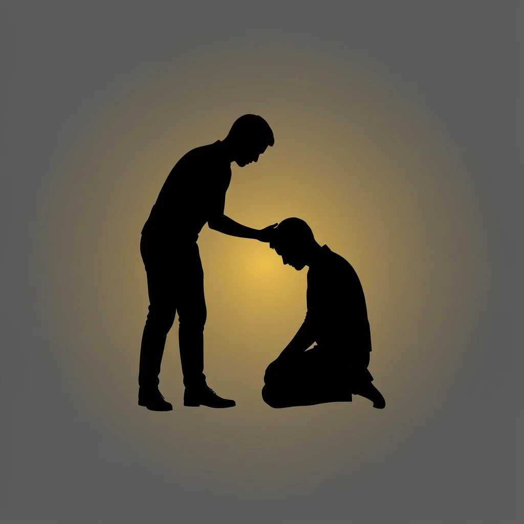 Silhouette of one man supporting another in prayer, symbolizing biblical servant leadership