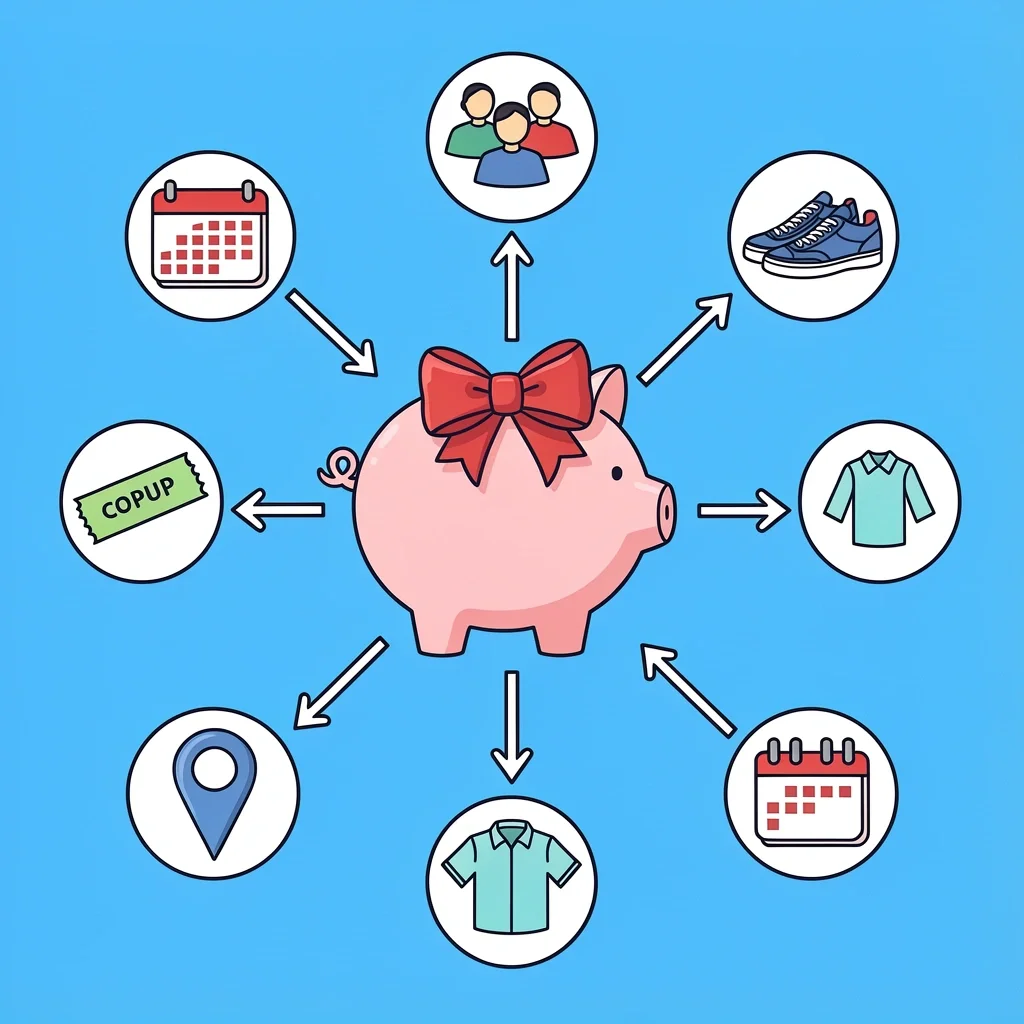 Seven Money-Saving Tips for Tuxedo Rentals Piggy bank with bow tie surrounded by seven icons representing money-saving tips for tuxedo rental