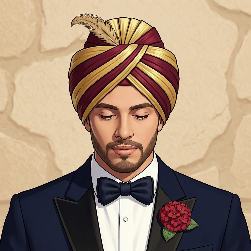 Sikh Groom Cultural Accessories Safa Tuxedo A Sikh groom in a dark tuxedo with a gold and burgundy safa turban and a red satin hydrangea lapel pin.