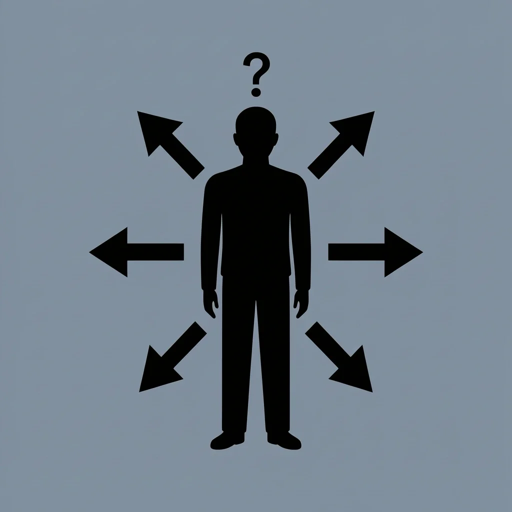 Silhouetted person with question mark and arrows for unsure guests