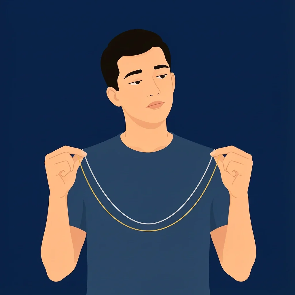 Person deciding between silver and gold jewelry with navy blue outfit