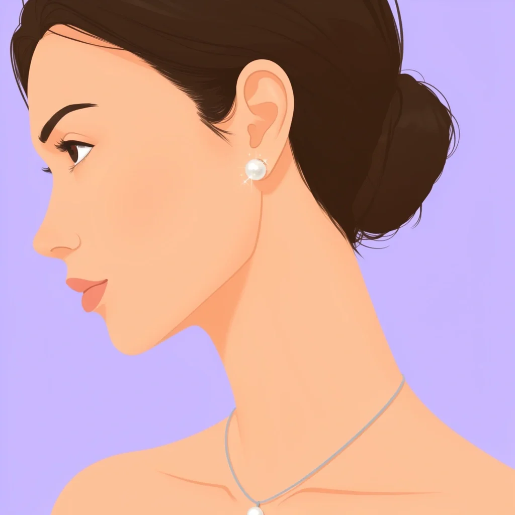 MOH Jewelry: Pearl Studs and Pendant Close-up of a woman wearing a pearl stud earring and a simple pendant necklace
