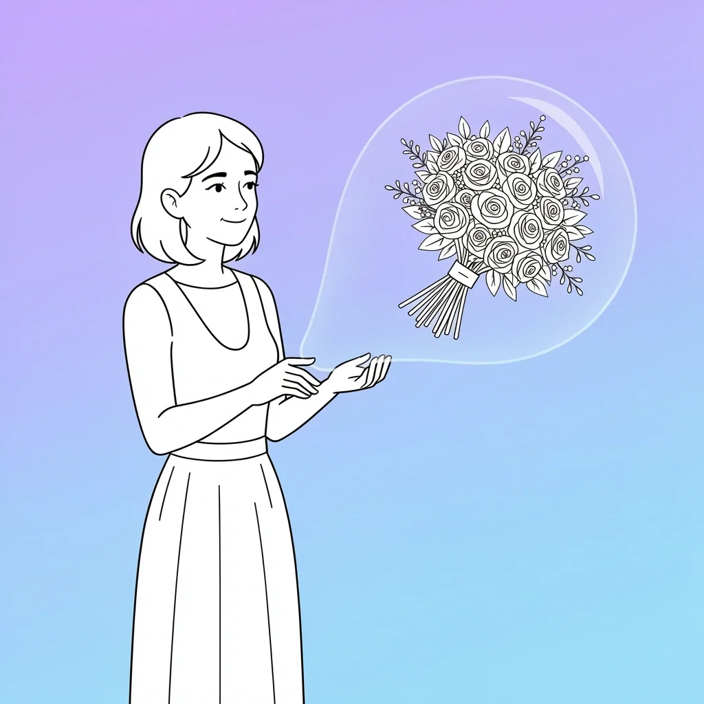Single woman holding her own hand with wedding bouquet in a nearby bubble symbolizing coexisting longing and joy