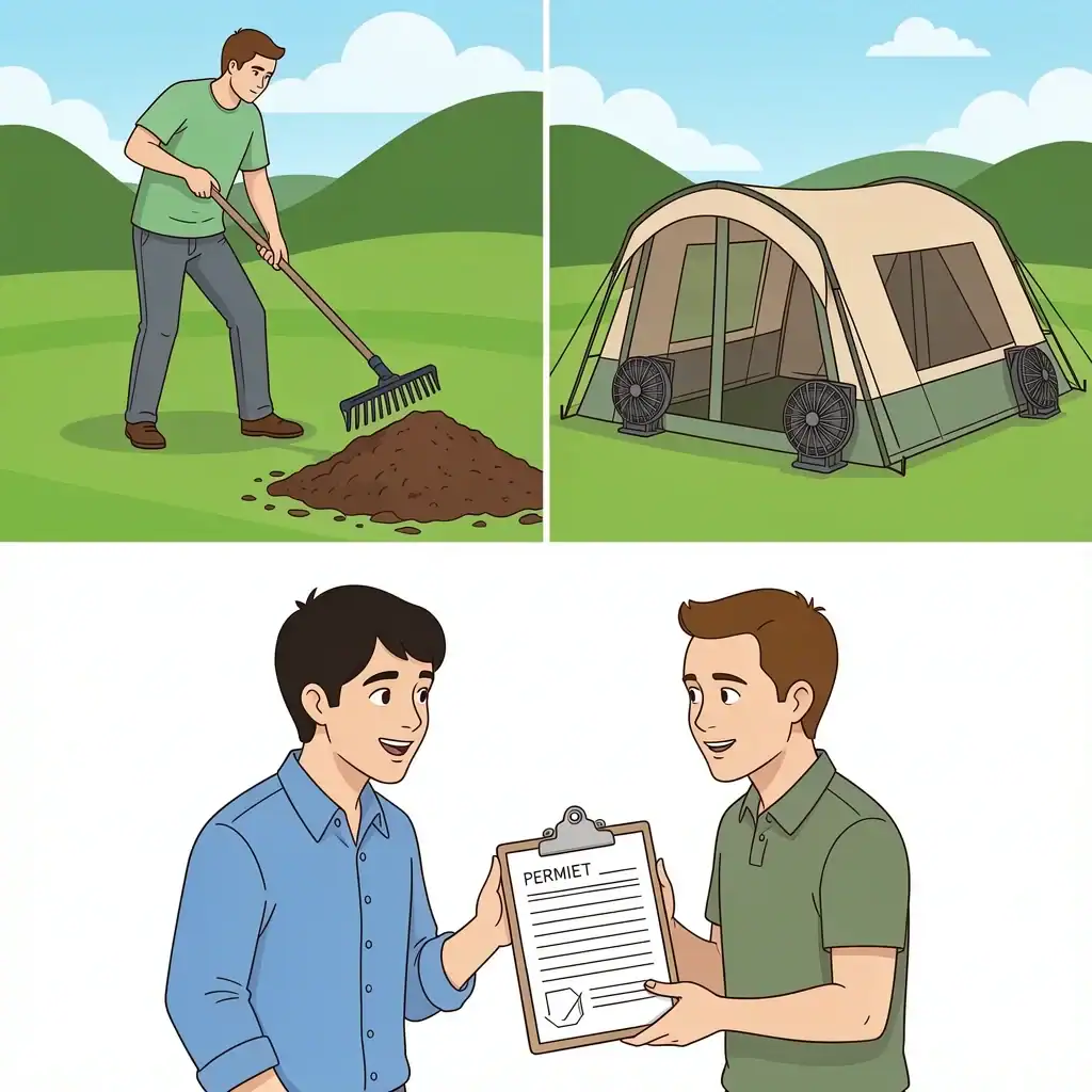 Three illustrations showing site prep, weather backup tent with sidewalls, and a couple discussing with a neighbor and showing a permit