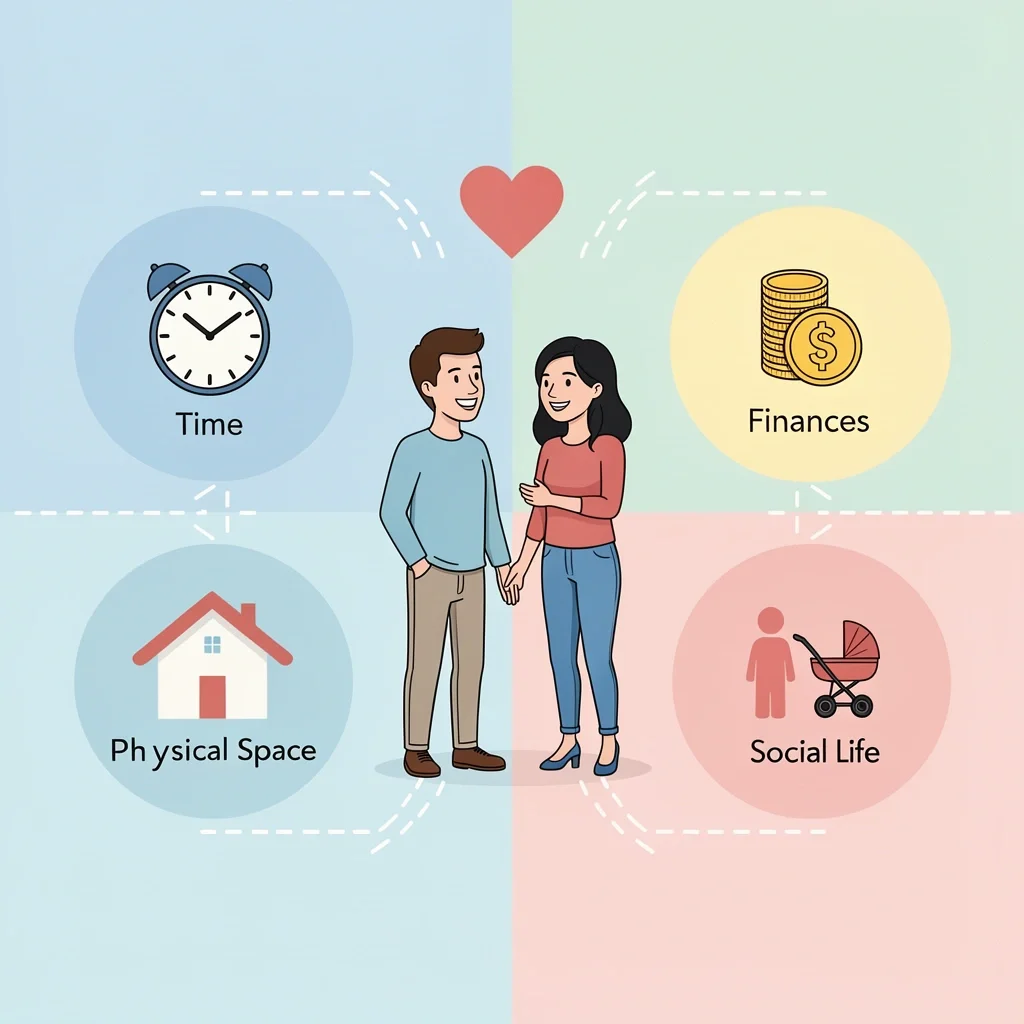 Illustration of a couple surrounded by six icons representing domains where boundaries matter: time, emotions, finances, space, parenting, and social life.