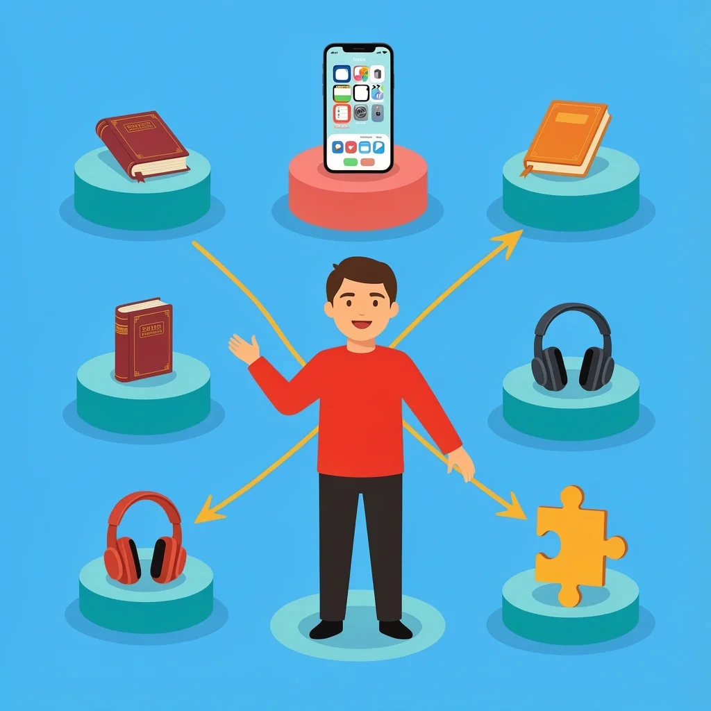 Character choosing between six different devotional formats on floating platforms