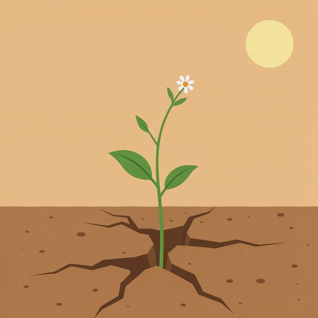 A small plant growing through cracked soil with one bloom and a sun