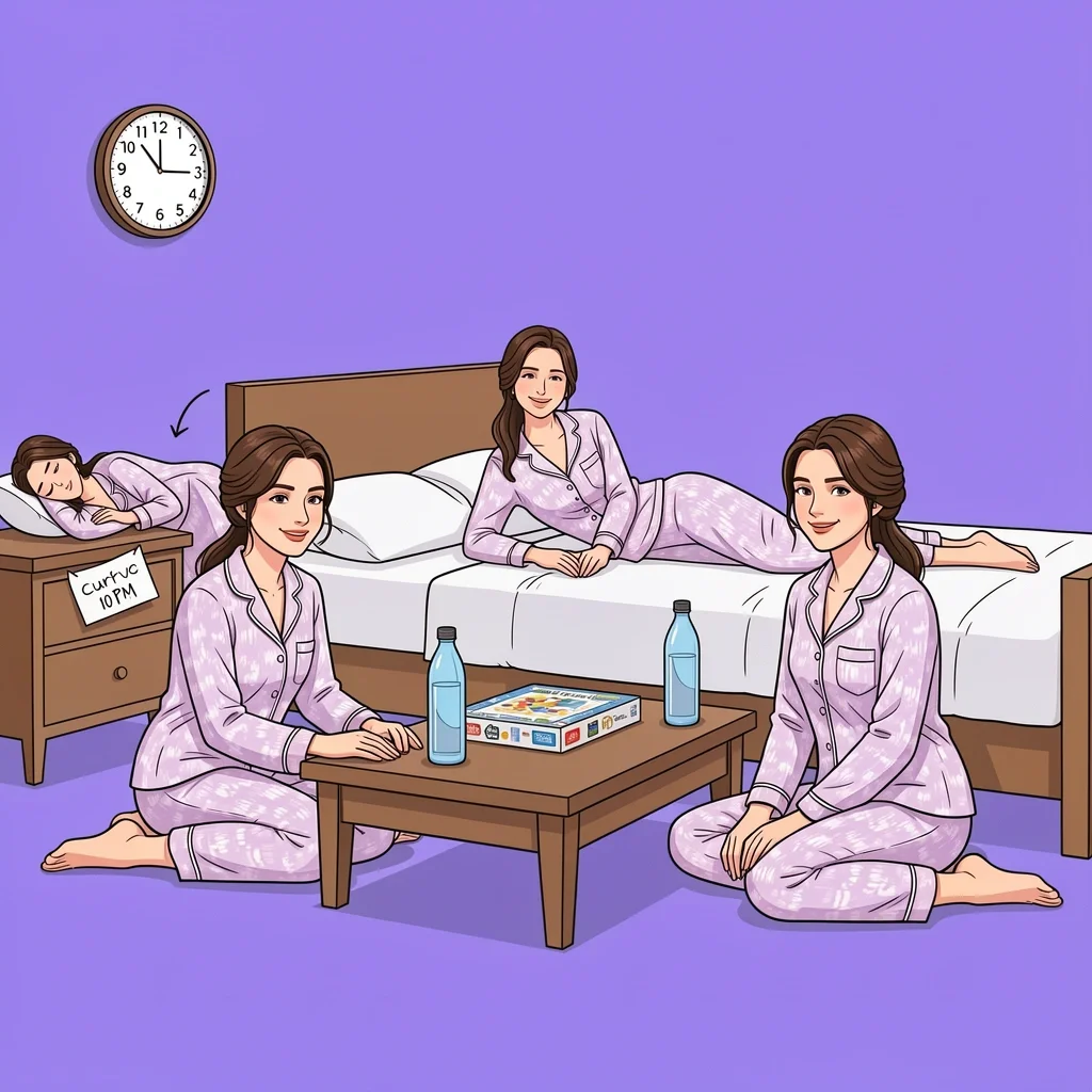 Bridal Slumber Party Night Before Wedding A bride and her bridesmaids having a calm slumber party with board games and a curfew sign the night before the wedding