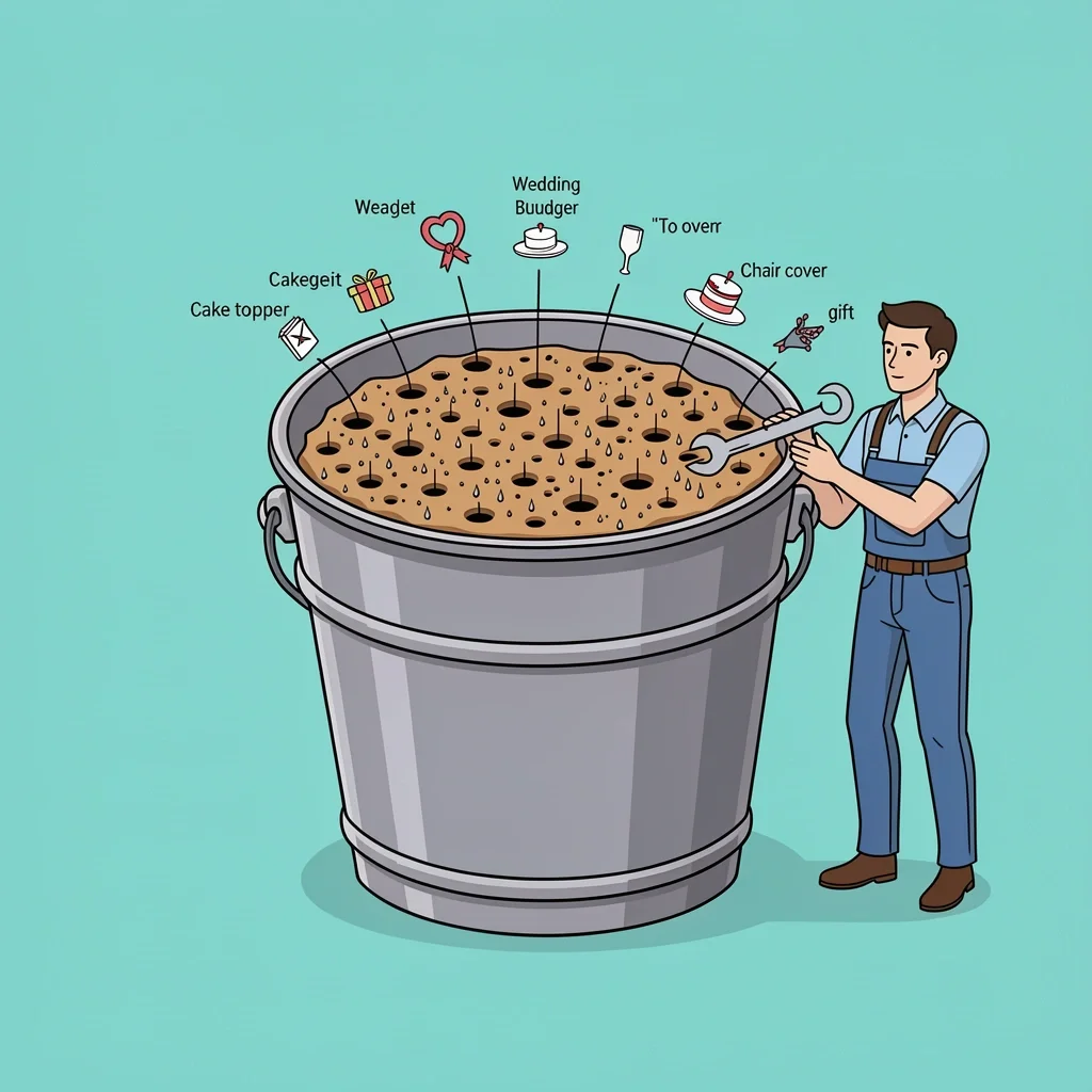 A bucket with many small holes leaking water, representing small wedding expenses that add up