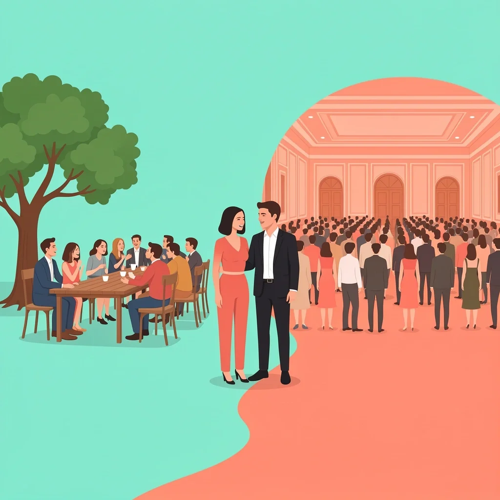 Couple choosing intimate small wedding over large crowded ballroom at a fork in the road