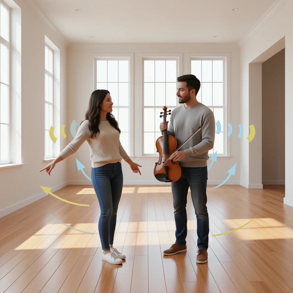 Couple and musician planning live music for a small wedding in an empty room with sound wave arrows