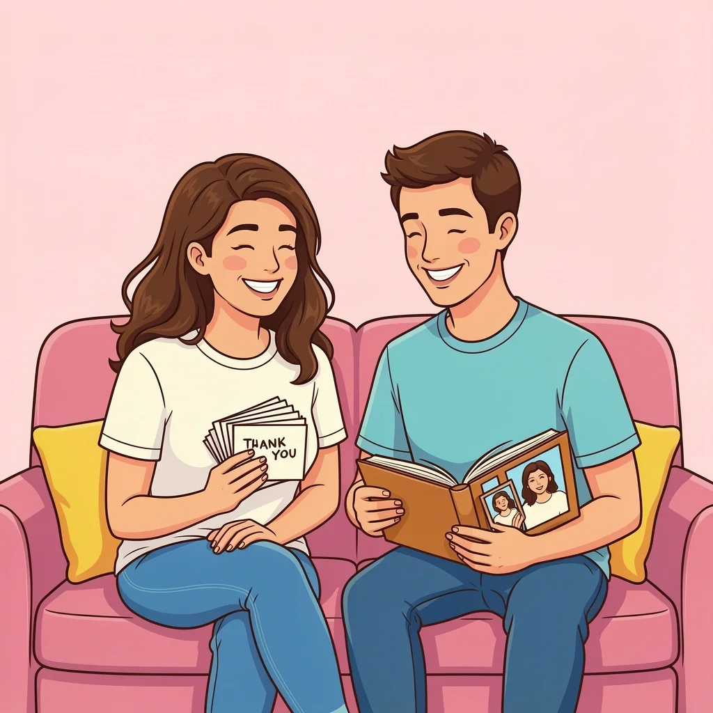 Easy Post Wedding Wrap Up for Small Weddings Relaxed couple on couch with thank you cards and photo album after small wedding