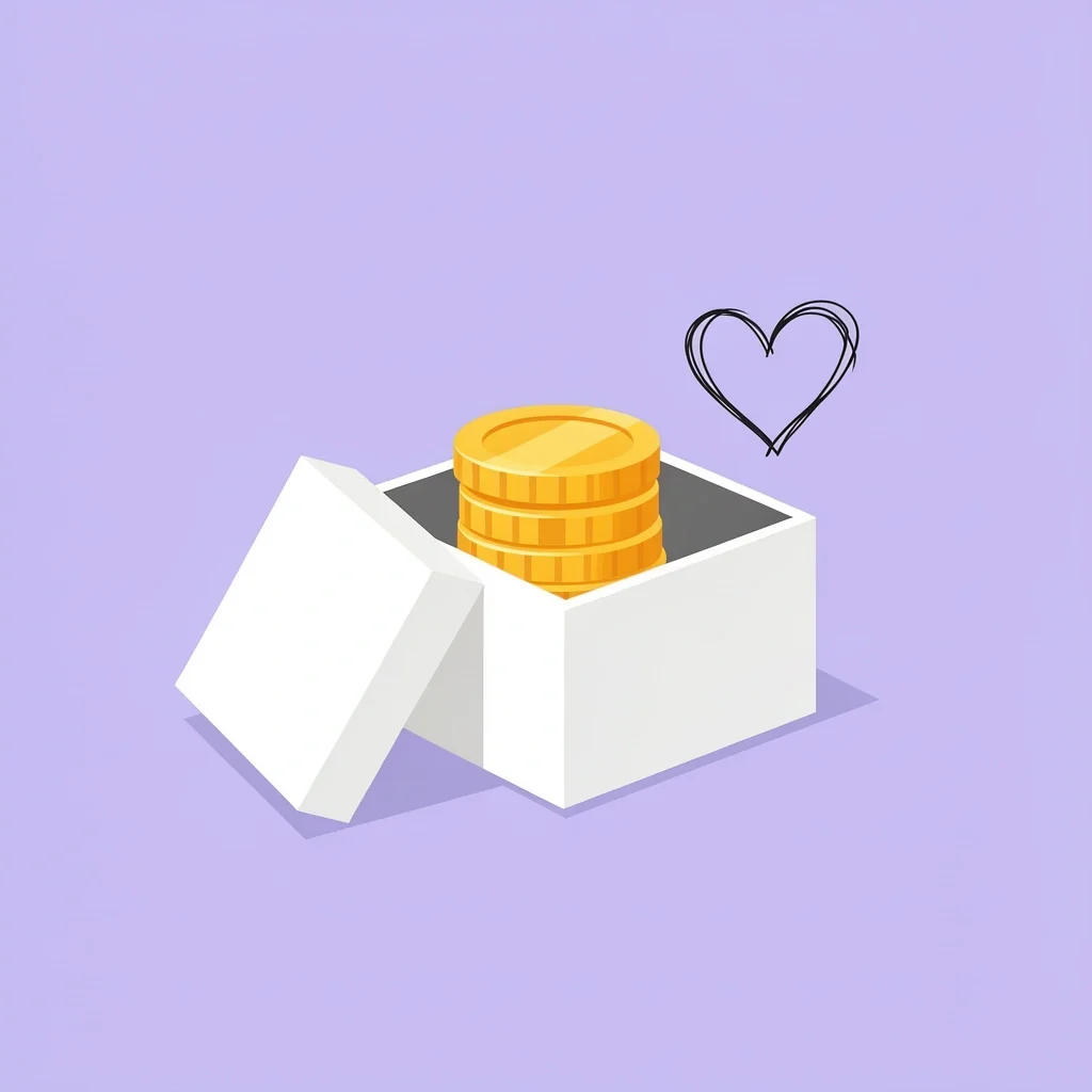 Small but Sincere Cash Gift A small stack of gold coins in an open gift box with a heart icon floating beside it on a lavender background.