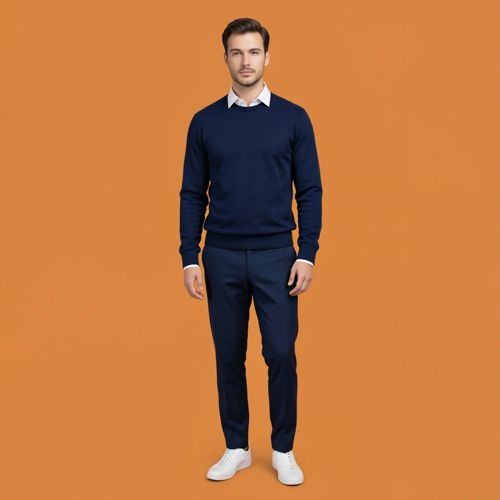 Button-down shirt with crewneck sweater and tailored trousers for dressy casual courthouse wedding