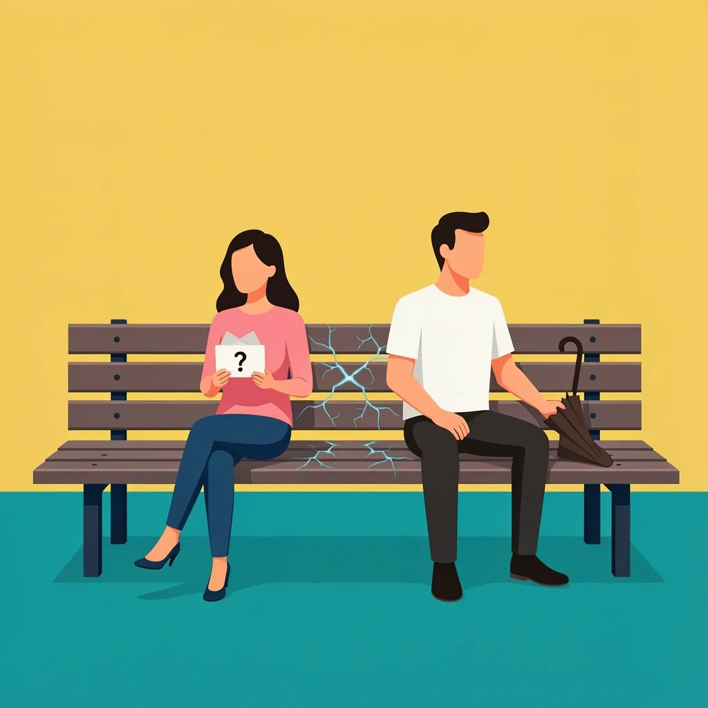 Paradox of Smooth Relationship Couple on a bench with visible cracks and hidden tension representing a smooth but unhealthy relationship
