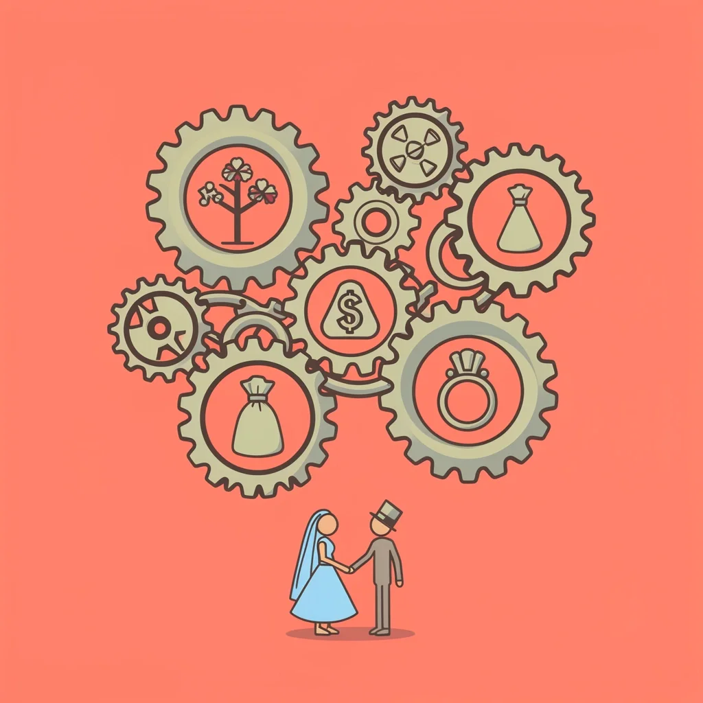 Social and Familial Pressure in Weddings Couple standing inside interlocking gears with family, money, and wedding ring icons symbolizing social pressure