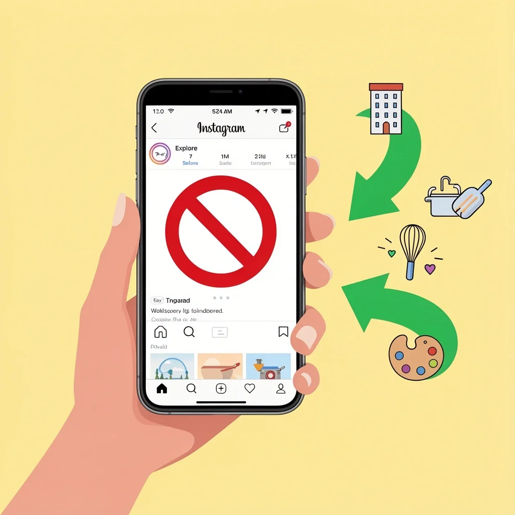 Hand holding phone with Instagram blocked and arrows pointing to non-bridal content icons
