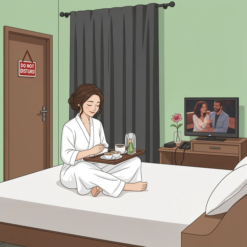 Solo Hotel Room Bride Relaxing A bride enjoying room service alone in a hotel room the night before her wedding, with a 'Do Not Disturb' sign on the door