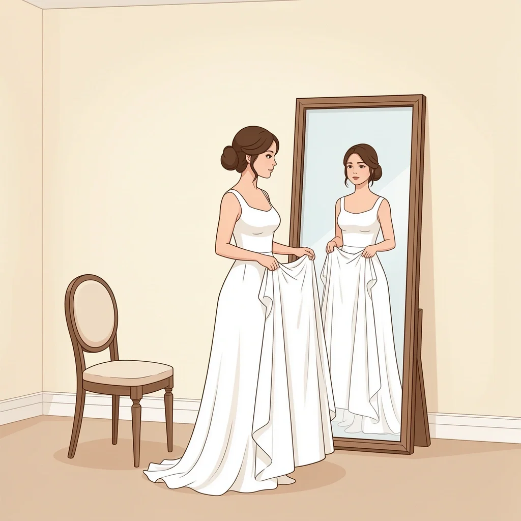 Bride alone in boutique trying on wedding dress and looking in mirror