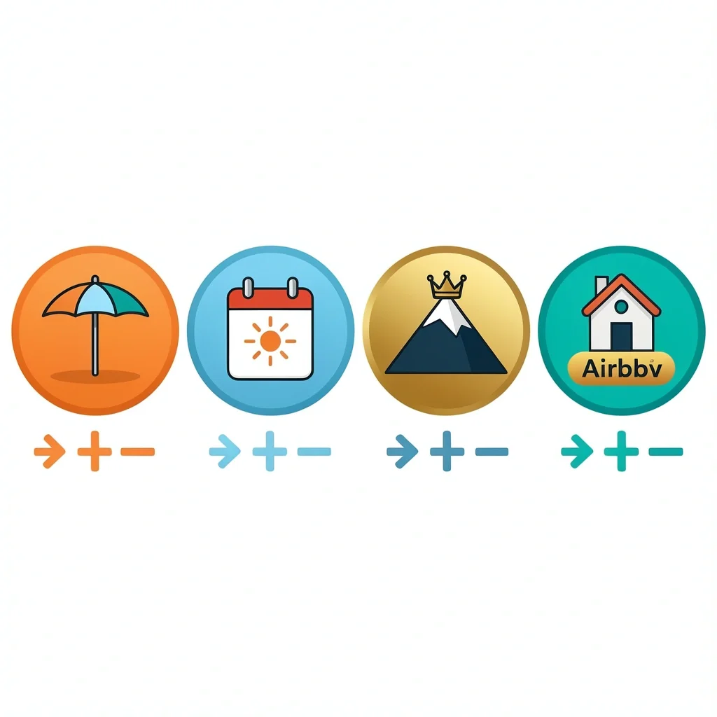 Wedding Hotel Block Special Adjustments Vector icons for special wedding room block adjustments: destination, Sunday, peak season, and Airbnb