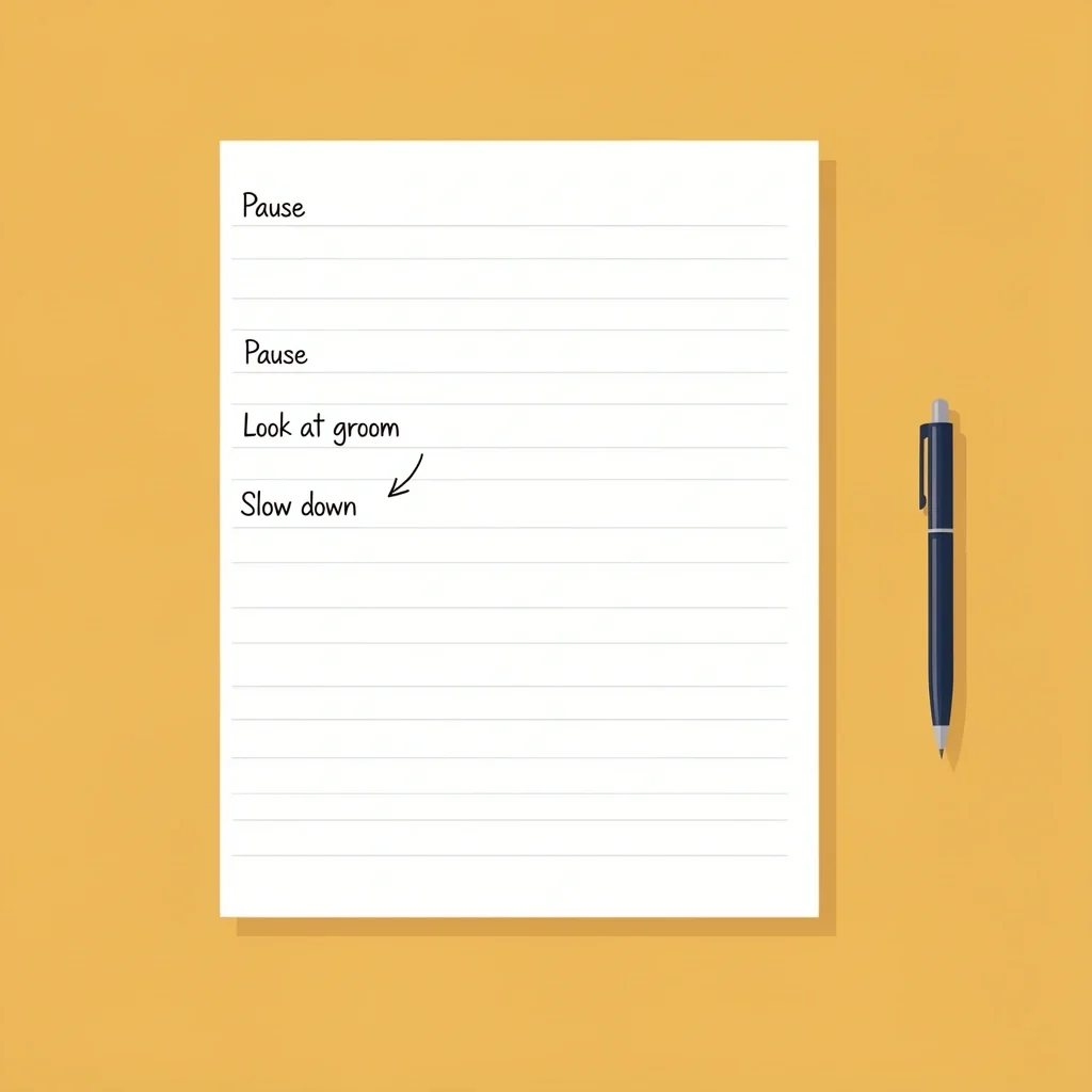 Printed speech paper with handwritten margin notes saying Pause, Look at groom, Slow down
