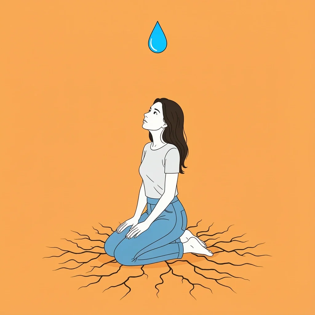 Woman kneeling on dry ground with single water droplet falling symbolizing spiritual renewal while serving