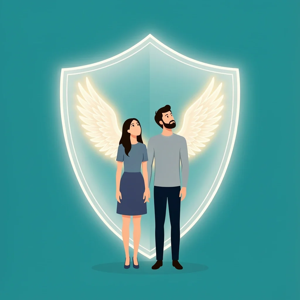 A couple standing under a glowing shield with angel wings, symbolizing divine protection